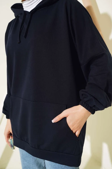 Kapüşonlu Oversize Sweat Lacivert - Resim 4