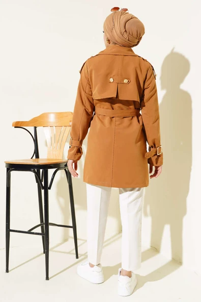 Omuz Apoletli Kısa Trençkot Taba - Resim 3