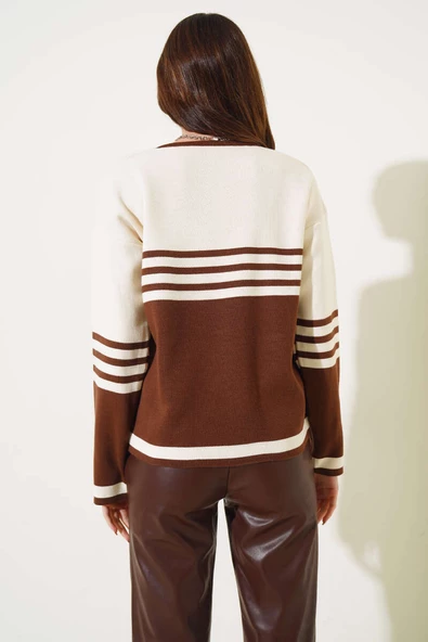 Çizgi Detaylı Triko Kazak Kahve Bej - 3