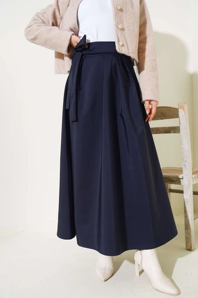 Bel Bağlamalı Çan Etek Lacivert - Resim 2