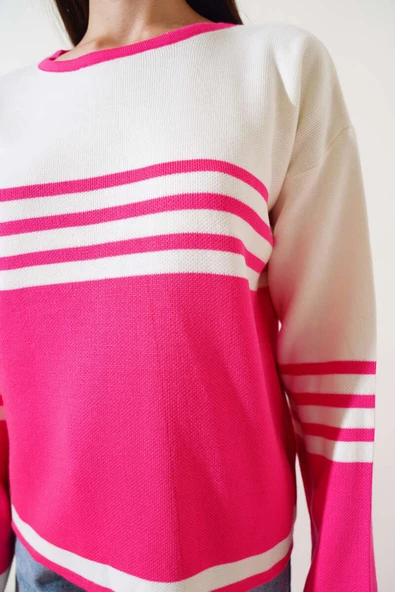 Çizgi Detaylı Triko Kazak Fuşya - 4