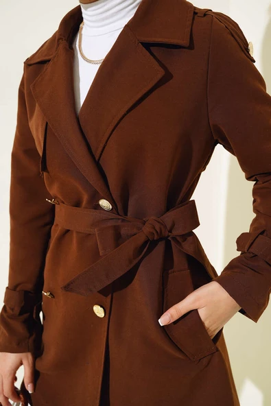 Omuz Apoletli Kısa Trençkot Kahve - Resim 4