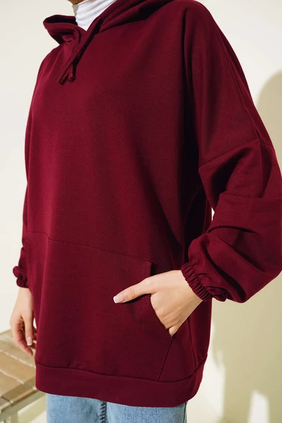 Kapüşonlu Oversize Sweat Bordo - Resim 4