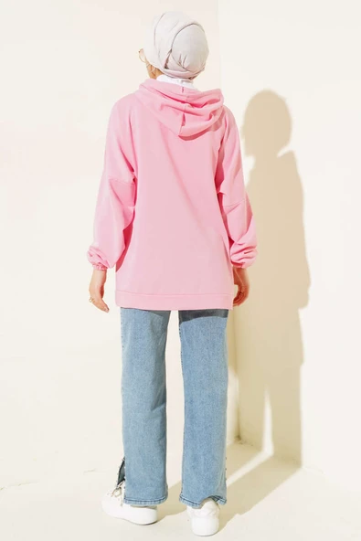 Kapüşonlu Oversize Sweat Pembe - Resim 3