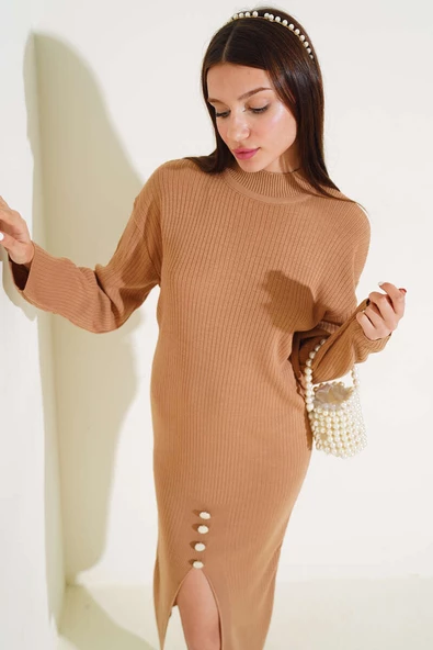 Yırtmaçlı Fitilli Triko Midi Elbise Büsküvi - 2
