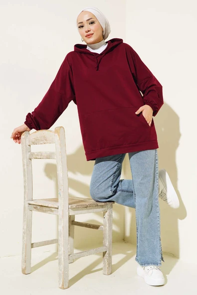 Kapüşonlu Oversize Sweat Bordo - Resim 2