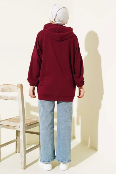 Kapüşonlu Oversize Sweat Bordo - Resim 6