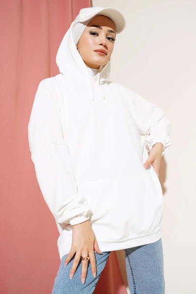 Kapüşonlu Oversize Sweat Ekru ürün görseli 1