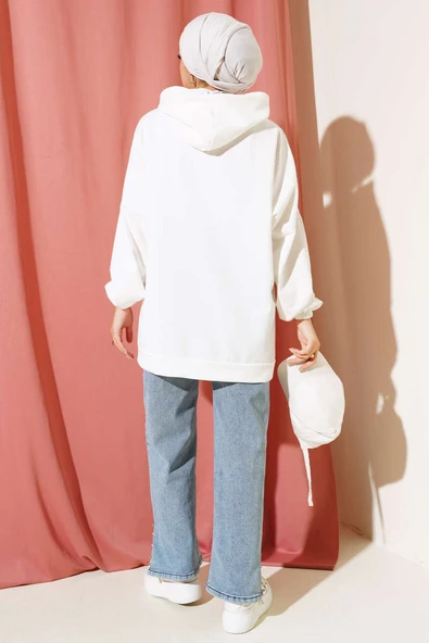 Kapüşonlu Oversize Sweat Ekru - Resim 3