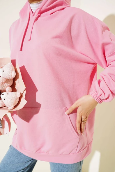 Kapüşonlu Oversize Sweat Pembe - Resim 4