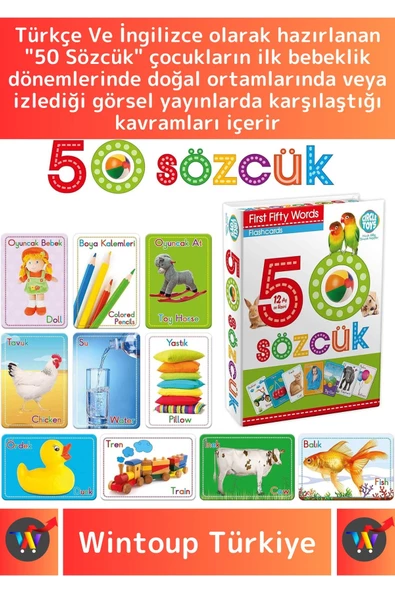 Premium Eğitici Zeka Geliştirici Yabancı Dil Öğretici Çocuk İlk 50 Sözcük İngilizce Türkçe Kartlar - Resim 2