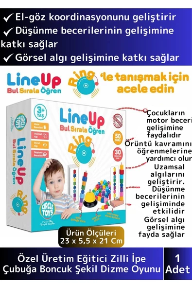 Premium Görsel Algı Dikkat Zeka Geliştiren Eğlenceli Zilli İpe Çubuğa Boncuk Şekil Dizme Oyunu