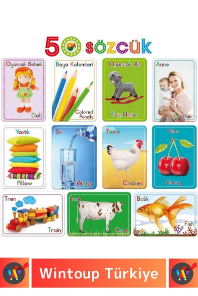 Premium Eğitici Zeka Geliştirici Yabancı Dil Öğretici Çocuk İlk 50 Sözcük İngilizce Türkçe Kartlar - Resim 3