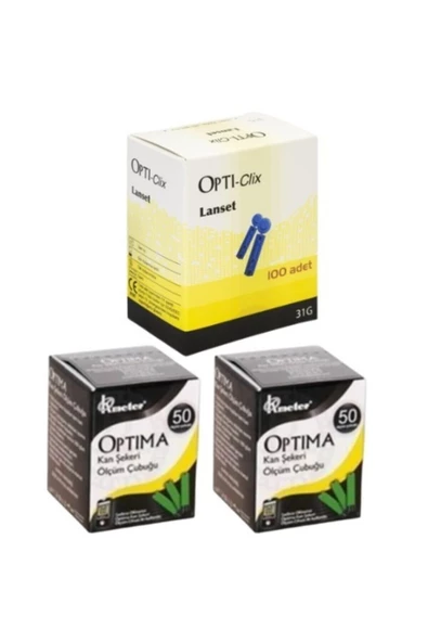 OPTİMA Kan Sekeri Cubuk ( Strip) 2 Kutu (100 Adet) + 1 Kutu (100 Adet) Opti-clix Parmak