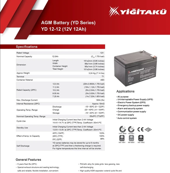 12 V 12 Ah-Amper Ups Kuru Tip Agm Yiğit Akü - 2