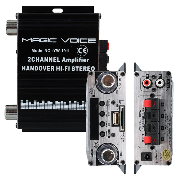 MagicVoice YW-191L 12 Volt 100 Watt Motosiklet Bluetooth Amfi Usb Sd Kart 2 Kanal Pazarcı Anfi 125X95X40mm Mini Anfi - 4