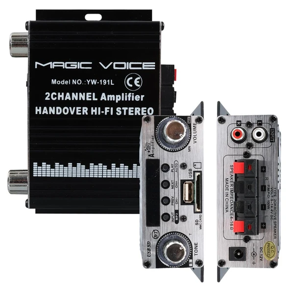 MagicVoice YW-191L 12 Volt 100 Watt Motosiklet Bluetooth Amfi Usb Sd Kart 2 Kanal Pazarcı Anfi 125X95X40mm Mini Anfi - 8