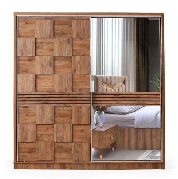 Cenevre Gardırop Ceviz Sürgülü Aynalı Kapak Ücretsiz Nakliye ve Montaj