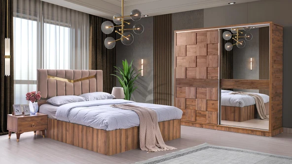 Cenevre Gardırop Ceviz Sürgülü Aynalı Kapak Ücretsiz Nakliye ve Montaj - 5