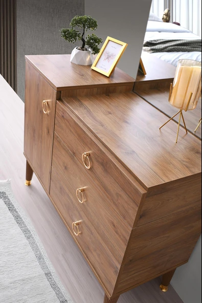 Cenevre Şifonyer Makyaj Masası Aynalı Ceviz Ücretsiz Nakliye - 2