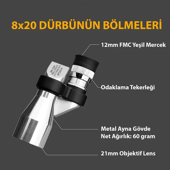 TriLine 8x20 HD Çözünürlük 1000m Görüş Taşınabilir Metal Monoküler Mini Cep Dürbün - 3