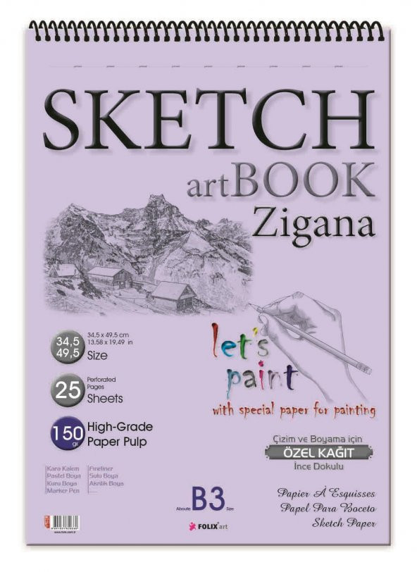 Sketchbook Zigana B3 Spiralli 150 gr. 34,5x49,5 cm 25 yp. Eskiz Defteri