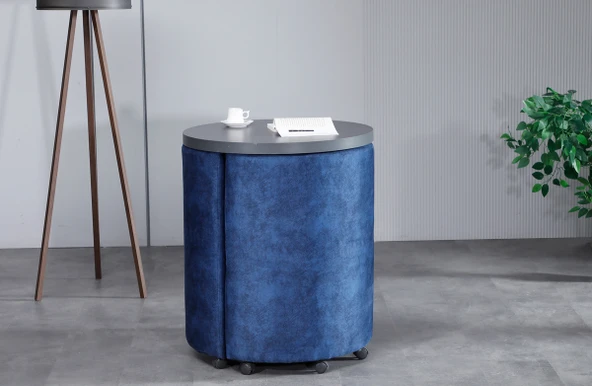 Meşe Home Marvel Tezgahlı Depolama Alanlı Tekerlekli Mavi Nubuk Kumaş Puf - Bench - 7