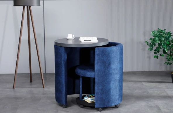 Meşe Home Marvel Tezgahlı Depolama Alanlı Tekerlekli Mavi Nubuk Kumaş Puf - Bench - 2