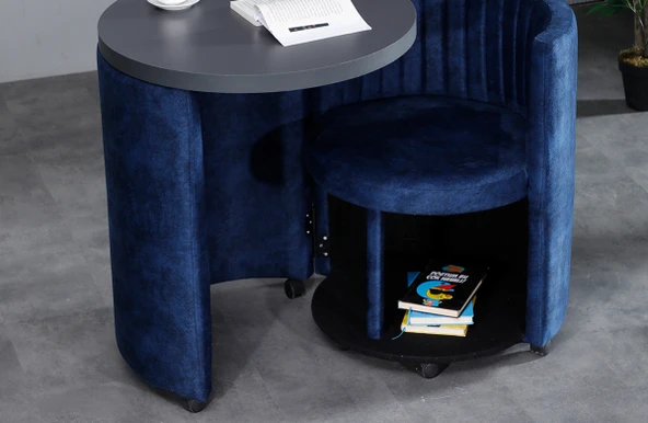 Meşe Home Marvel Tezgahlı Depolama Alanlı Tekerlekli Mavi Nubuk Kumaş Puf - Bench - 5