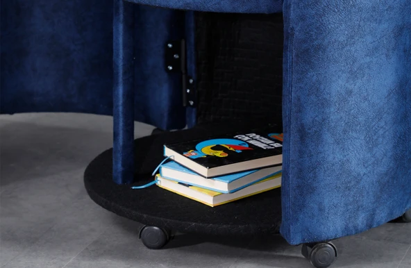 Meşe Home Marvel Tezgahlı Depolama Alanlı Tekerlekli Mavi Nubuk Kumaş Puf - Bench - 4