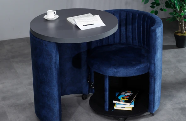 Meşe Home Marvel Tezgahlı Depolama Alanlı Tekerlekli Mavi Nubuk Kumaş Puf - Bench - 8