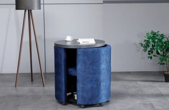 Meşe Home Marvel Tezgahlı Depolama Alanlı Tekerlekli Mavi Nubuk Kumaş Puf - Bench - 3