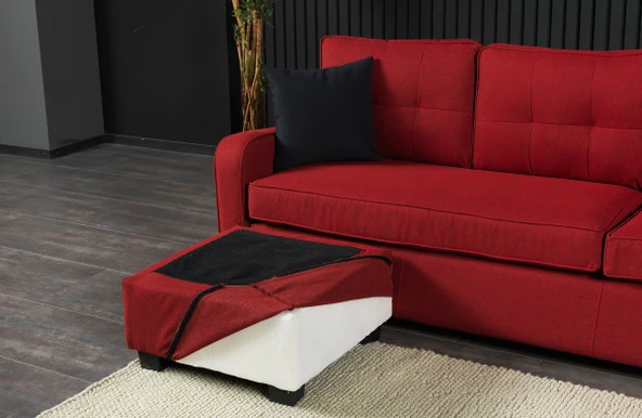 Meşe Home Plus Kılıflı Torba Yaylı Keten Kumaş Fonksiyonel Çift Yönlü Köşe Takımı Kırmızı - 4