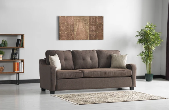 Meşe Home Plus Kılıflı Torba Yaylı Keten Kumaş Fonksiyonel Üçlü Kanepe Koltuk Kahve