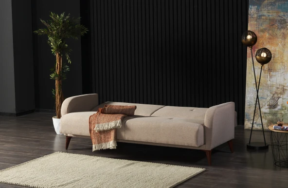 Meşe Home Rinka Süngerli Kollu Bazalı Yataklı Bej Üçlü Koltuk Kanepe - 4