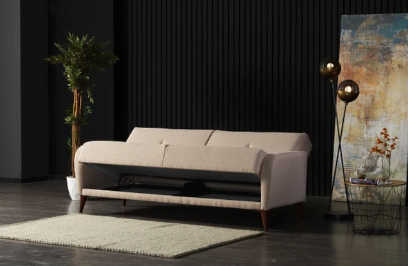 Meşe Home Rinka Süngerli Kollu Bazalı Yataklı Bej Üçlü Koltuk Kanepe - 3