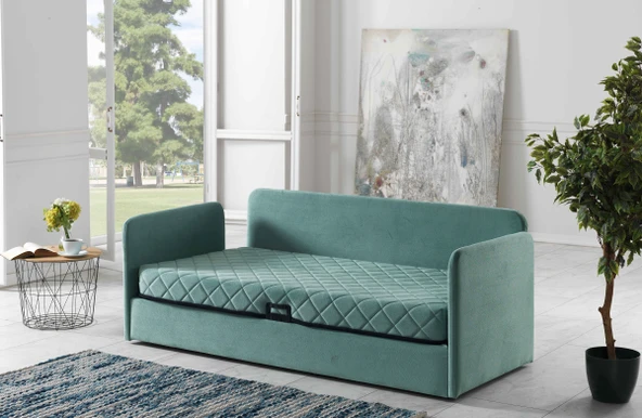 Meşe Home Siesta Fonksiyonel Kanepe Koltuk Metal Bazalı Yataklı Süngerli Su Yeşili Plastik Ayaklı - 3