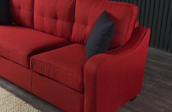 Meşe Home Plus Kılıflı Torba Yaylı Keten Kumaş Fonksiyonel Üçlü Kanepe Koltuk Kırmızı - 3