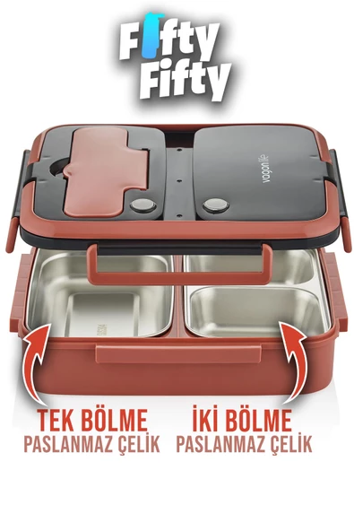 Vagonlife Lunch Box 1000 ML Tek Kat 3 Bölmeli Metal Kaşıklı Yeni Nesil Sefer Tası-FFLBOX10164 - 9