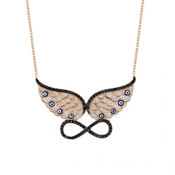 Siyah Nano Taşlı Melek Kanatlı Sonsuzluk Gümüş Kolye Rose Renk ürün görseli