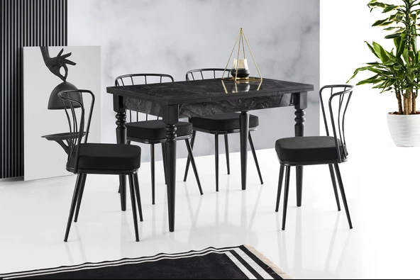 Smart Mercan Masa Siyah Mermer +4 Adet Güneş Sandalye Takım