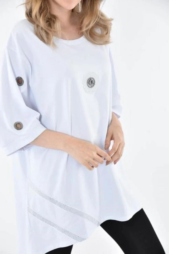 Yuvarlak Yaka Kuş Gözlü ve Taşlı Beyaz kadın Elbise - 4