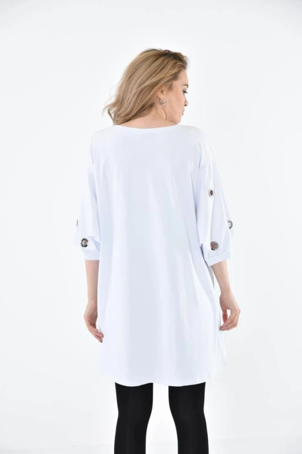 Yuvarlak Yaka Kuş Gözlü ve Taşlı Beyaz kadın Elbise - 5