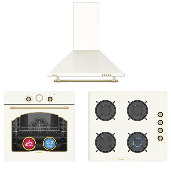 Simfer 9 Fonksiyon Retro Bej 3'lü Ankastre Set ( Fırın +  Ocak +  Davlumbaz) ürün görseli 1