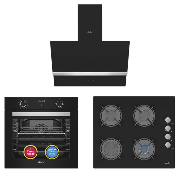 Simfer 10 Fonksiyon Airfry Siyah Dijital 3'lü Ankastre Set ( Fırın +  Ocak +  Davlumbaz) ürün görseli 1