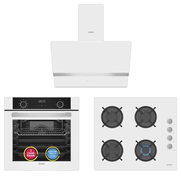 Simfer 10 Fonksiyon Airfry Beyaz 3'lü Ankastre Set ( Fırın +  Ocak +  Davlumbaz) ürün görseli 1