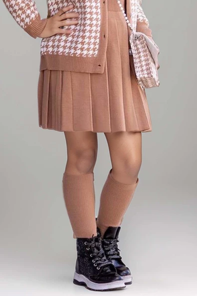 Kız Çocuk Kolları ve Yakası İnci Detaylı Bluz Kazayağı Desenli Triko Ceket Kahverengi Etekli Takım - Resim 7