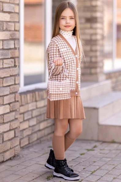 Kız Çocuk Kolları ve Yakası İnci Detaylı Bluz Kazayağı Desenli Triko Ceket Kahverengi Etekli Takım - Resim 2