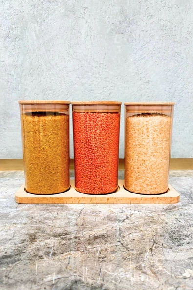 Ahşap Kapaklı 3'lü Standlı ve Vakumlu Çay, Kahve, Şeker, Bakliyat Kavanoz Seti Mika 1 lt Pembe - 7