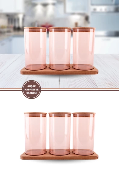 Ahşap Kapaklı 3'lü Standlı ve Vakumlu Çay, Kahve, Şeker, Bakliyat Kavanoz Seti Mika 1 lt Pembe - 4